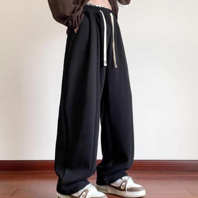 emeisa-Drawstring Waist Plain Loose Fit Sweatpants