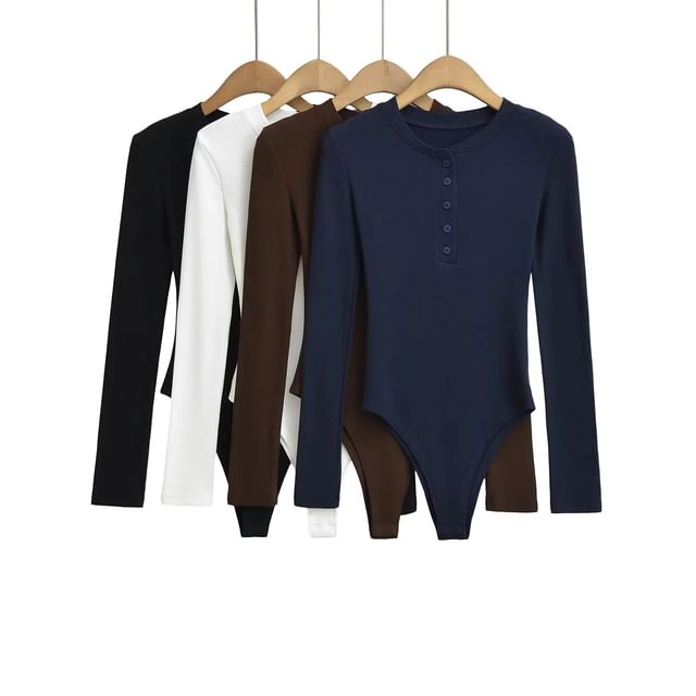 Asiris-Long Sleeve Henley Round Neck Plain Bodysuit Top