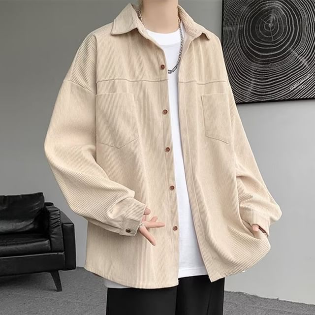 Blueforce-Long Sleeve Collared Plain Corduroy Button Down Shirt