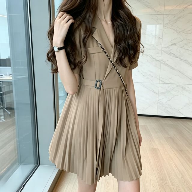 Sienne-Short-Sleeve Plain Pleated Mini Blazer Dress