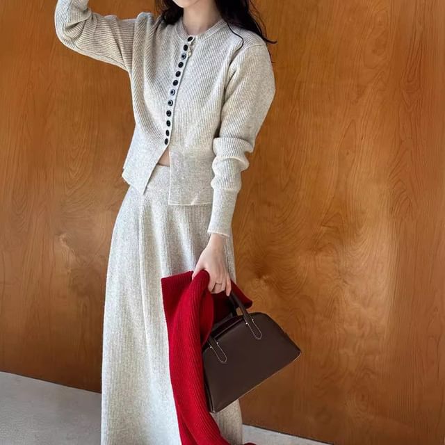 Whychunga-Set Crew Neck Plain Button Cardigan Mid Rise Plain Midi A-Line Skirt