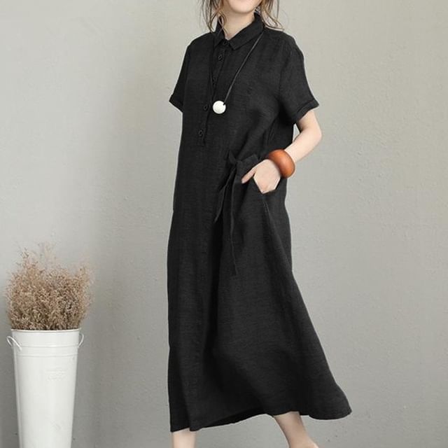 Lucuna-Short-Sleeve Collared Plain Half-Buttoned Midi Tunic Dress