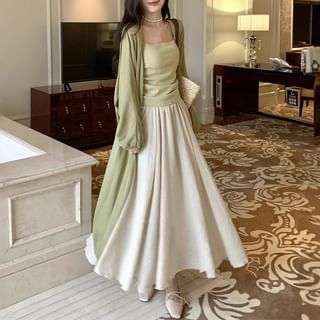 Moon City Plain Ruched Camisole Top / Midi Open Front Cardigan / High Rise Plain Maxi A-Line Skirt Sale