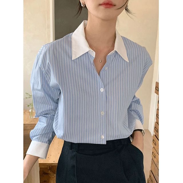 PINPI-Lapel Striped Long-Sleeve Top
