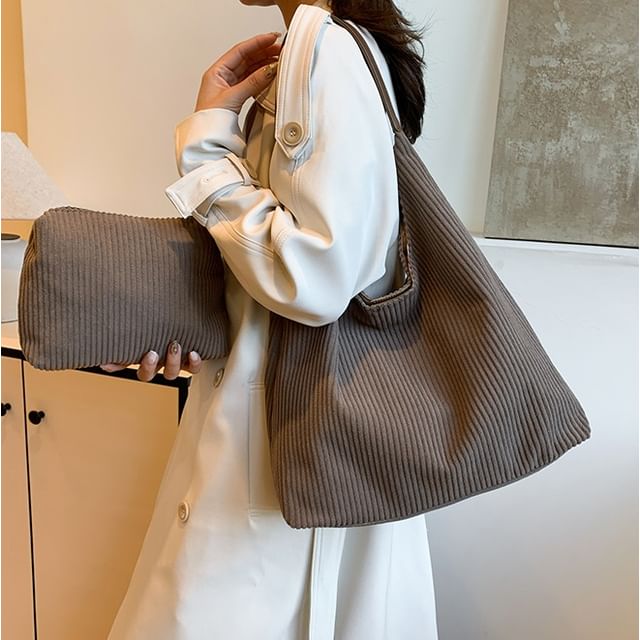 Skyglow-Plain Corduroy Tote Bag With Pouch