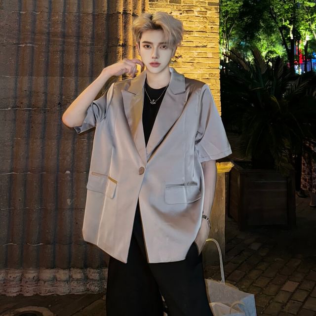 Orungeetun-Short-Sleeve Peak Lapel Plain Single-Button Blazer