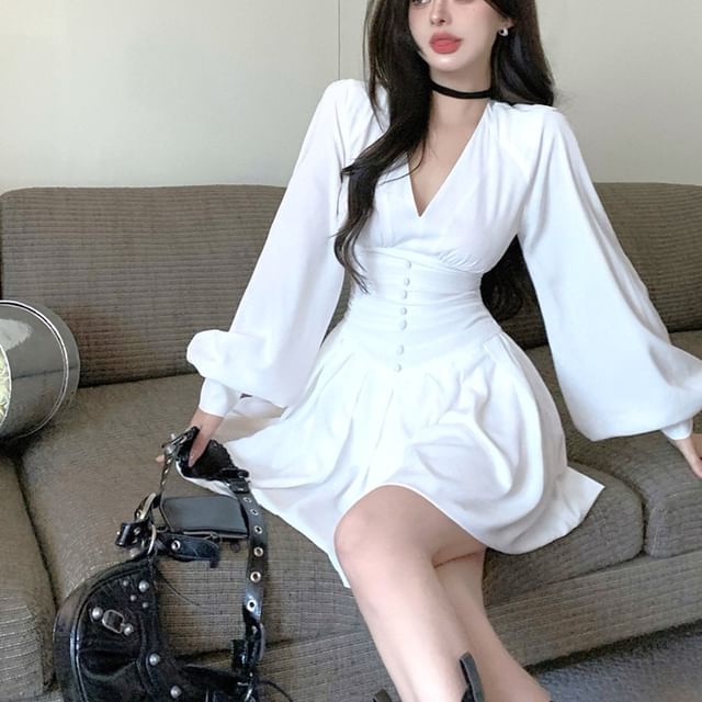 Strawolf-Puff-Sleeve V-Neck Plain Mini A-Line Dress