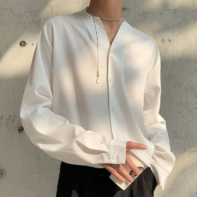 GRAYCIOUS - Long-Sleeve Plain Button-Up Shirt | YesStyle