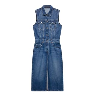 Overing Sleeveless Collared Washed Half-Buttoned Slit Denim Midi Sheath Dress Sale