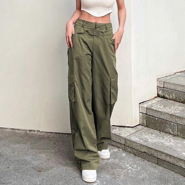 Honet - Low Waist Butterfly & Lettering Print Straight-Fit Cargo Pants