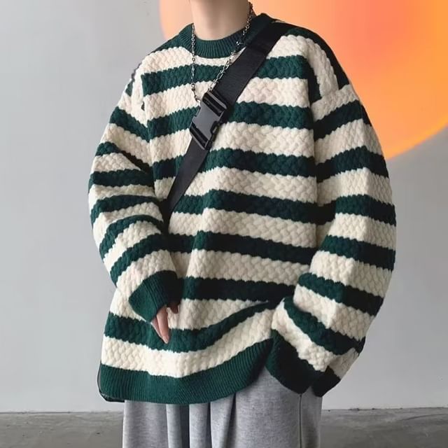 Sinlarity-Crew Neck Striped Oversized Sweater