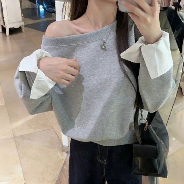INEN-One-Shoulder Plain Sweatshirt