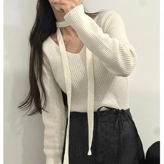 ISSOL-Set V-Neck Plain Ribbed Sweater Skinny Scarf