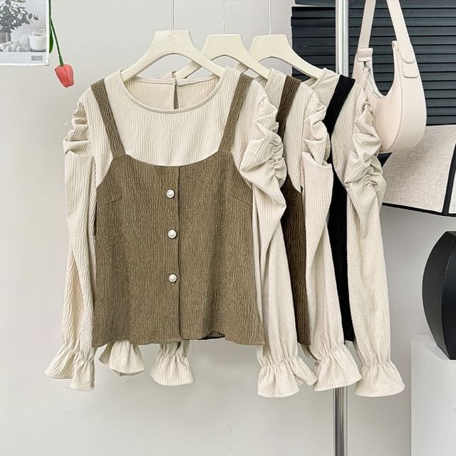 Lemongrass-Ruched Mock Two-Piece Loose Blouse