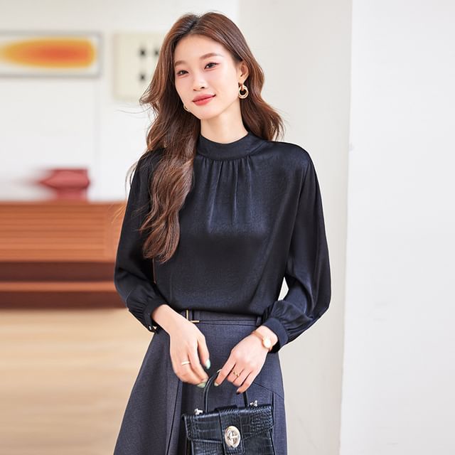 Skyheart-34 Sleeve Stand Collar Plain Ruched Blouse