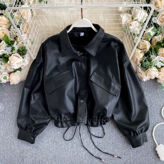 Lucuna-Faux Leather Collared Button-Up Crop Jacket