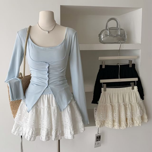 Dute-Balletcore Elastic Waist Plain Ruffle Trim Lace Panel Mini A-Line Skirt