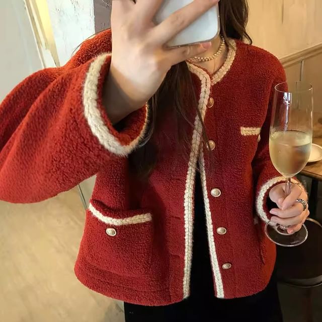Striinkie-Contrast Trim Faux Shearling Button Jacket
