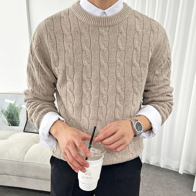 MRCYC-Crew Neck Plain Cable Knit Sweater