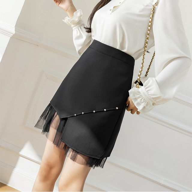 Everose-Mesh Panel Rhinestone A-Line Skirt