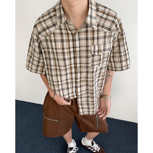 Plummie-Short Sleeve Collared Plaid Oversized Button Up Shirt
