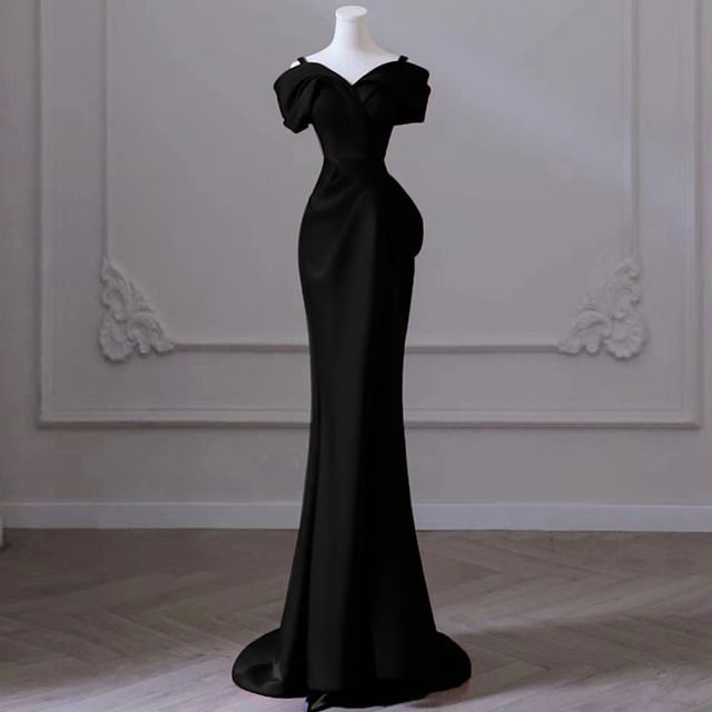 MSSBridal-Cold-Shoulder Plain Mermaid Evening Gown