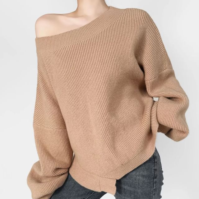 Asiris-Long Sleeve Cold-Shoulder Plain Loose-Fit Sweater
