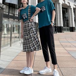 Azure - Couple Matching Bear Print T-Shirt / Pants / Plaid Suspender Midi A-Line Skirt