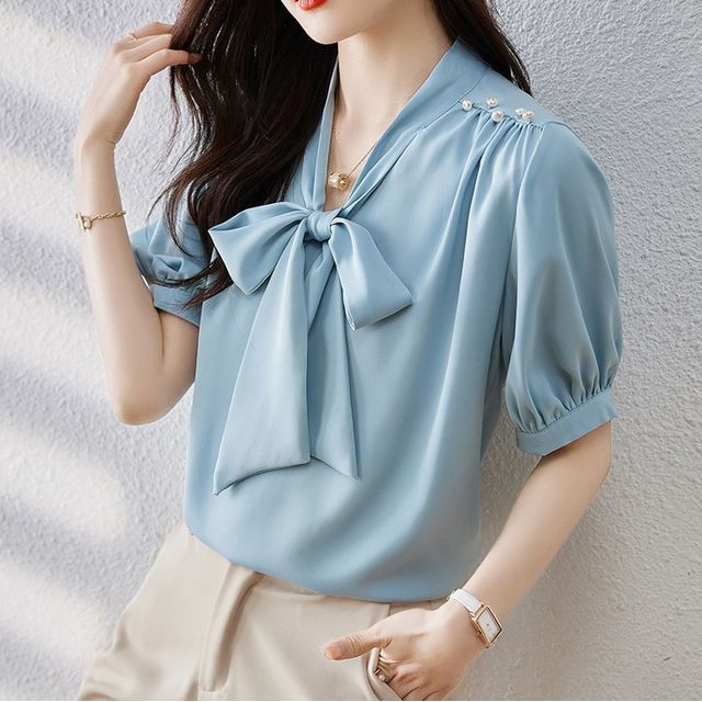 Short-Sleeve Tie Neck Plain Faux Pearl Blouse