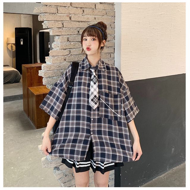 Everose-Elbow-Sleeve Plaid Shirt