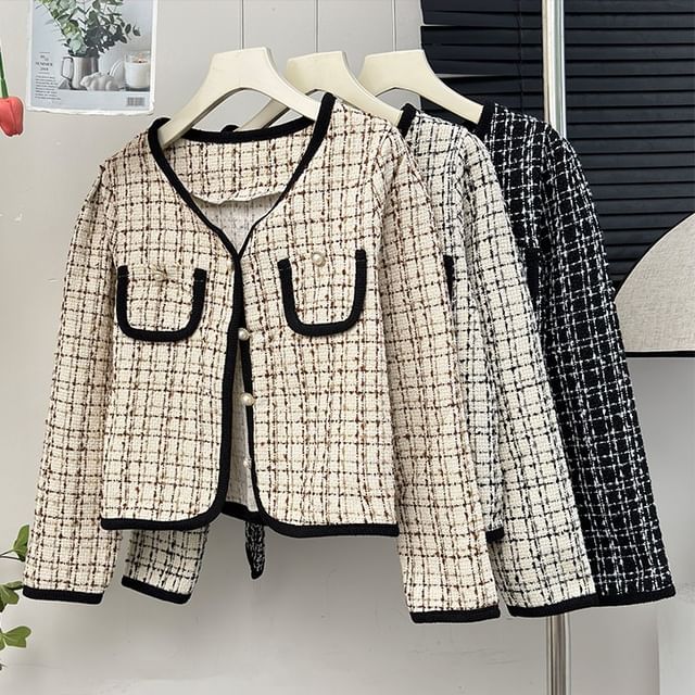 Lemongrass-V-Neck Tweed Jacket