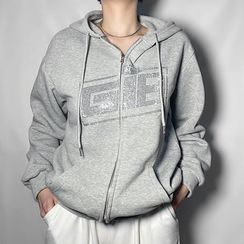 MOONGATE - Rhinestone Lettering Zip Hoodie MOONGATE - Rhinestone Lettering Zip Hoodie