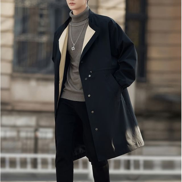 Bay Go Mall-Stand Collar Plain Drawstring Waist Button-Up Long Trench Coat