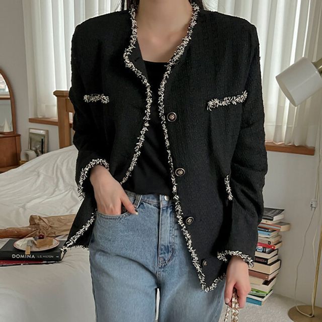 Seoul Fashion - PLUS SIZE Fringe-Trim Tweed Jacket | YesStyle