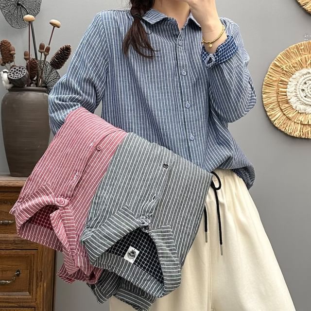 PANDAGO-Long-Sleeve Striped Button-Up Shirt