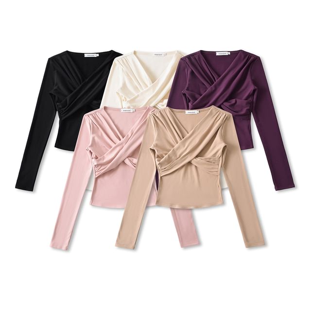 Asiris-Long-Sleeve V-Neck Plain Wrap T-Shirt