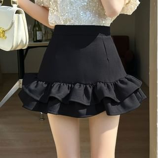Juuri-High Waist Plain Ruffle Mini Skort