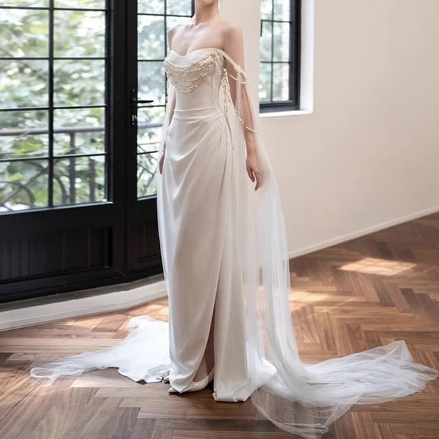 DreesHouse-Off-Shoulder Slit Beaded Mesh Panel Sheath Dress