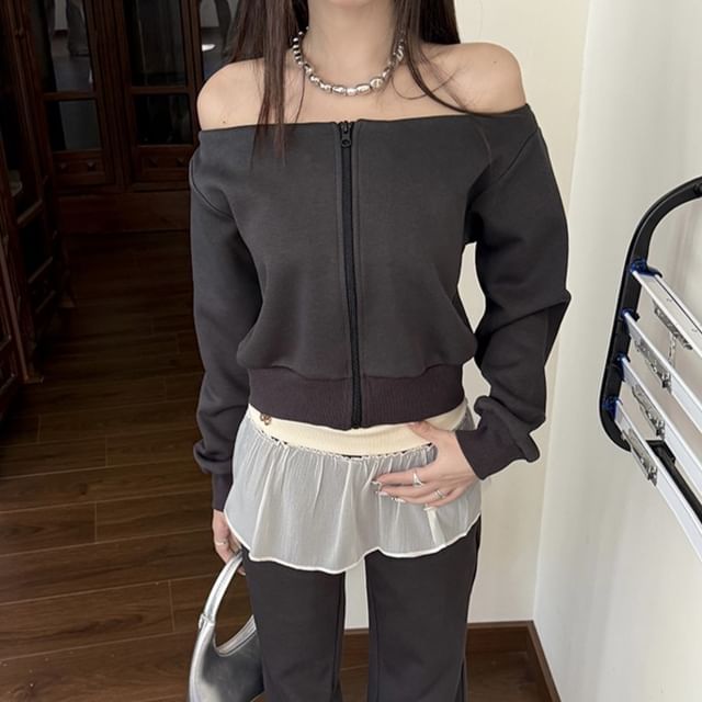 Arabesquito-Long-Sleeve Off-The-Shoulder Plain Zip Pullover Mid Rise Plain Flared Sweatpants