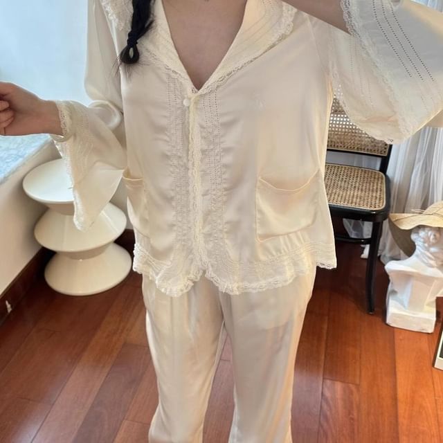 GOUB-Pajama Set Long Sleeve Collared Plain Panel Lace Blouse Elastic Waist Straight Leg Pants