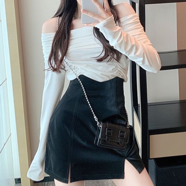 Bexiroe Long-Sleeve Off-Shoulder Top Faux Leather Mini Pencil
