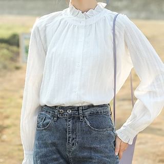 ISSOL-Long-Sleeve Mock Neck Plain Blouse