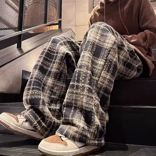 Kenning-Drawstring Waist Plaid Baggy Pants