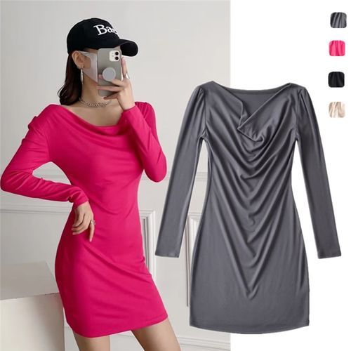 Bazer Long Sleeve Cowl Neck Plain Mini Sheath Dress YesStyle