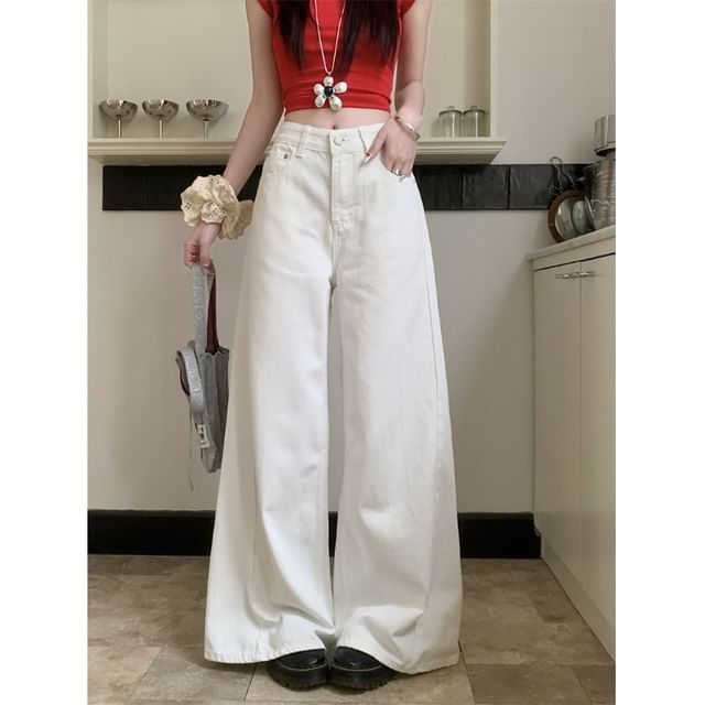 Beem-Mid Waist Plain Wide Leg Jeans
