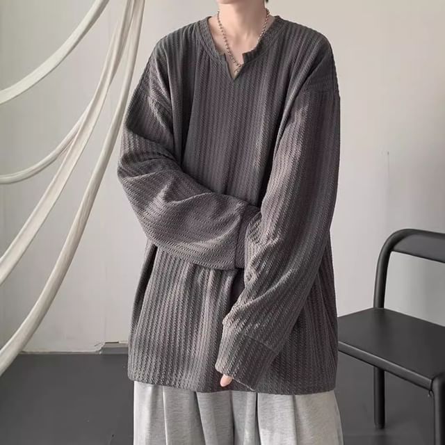 WidoWilder-Long-Sleeve Notch Neck Plain T-Shirt