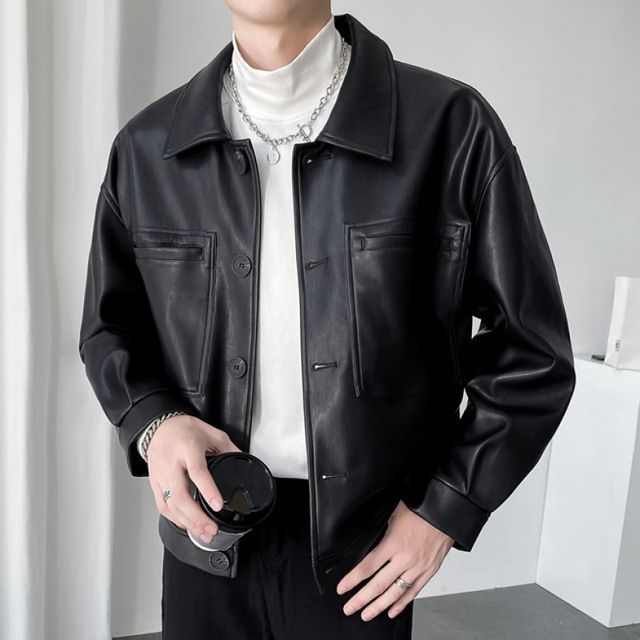 GRAYCIOUS-Collar Faux Leather Cropped Jacket