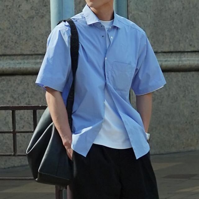 ROOSE-Short-Sleeve Collared Plain Shirt