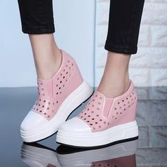 Pretty in Boots - Genuine Leather Perforated Wedge Platform Slip-Ons