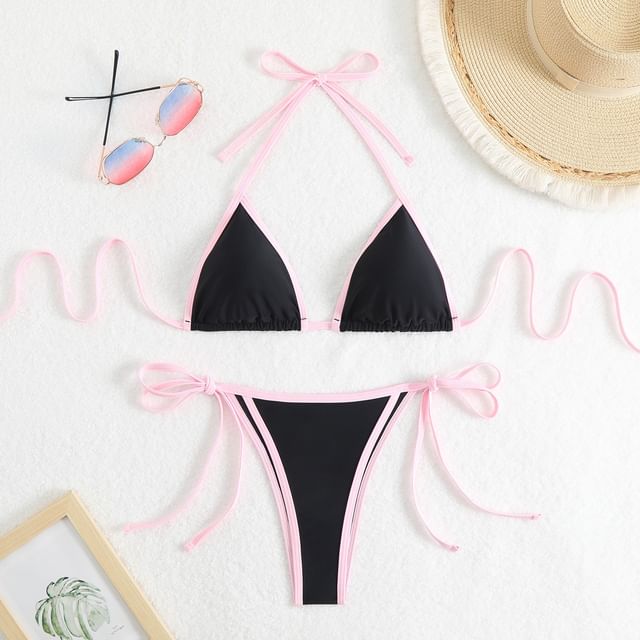 CUCURBIT-Halter Neck Contrast Trim Bikini Set